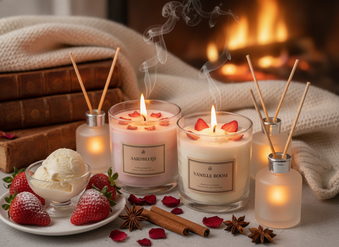 Zoete dessertgeuren in huis met aardbei- en ijsgeurkaarsen