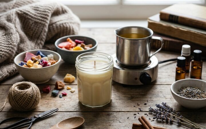 Kaarsrestjes omsmelten tot een nieuwe kaars in een jampot